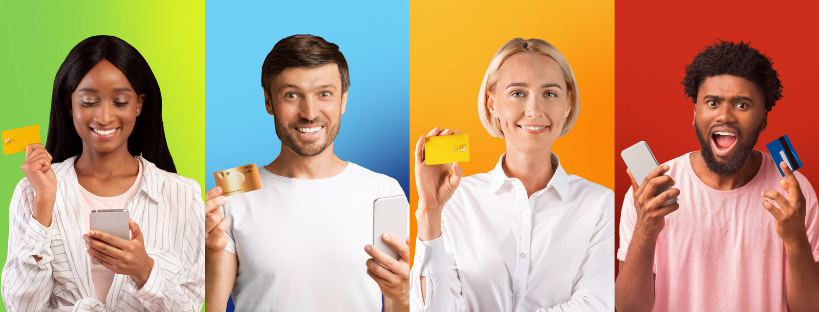 Two Men with Two Women holding debit cards and cell phones