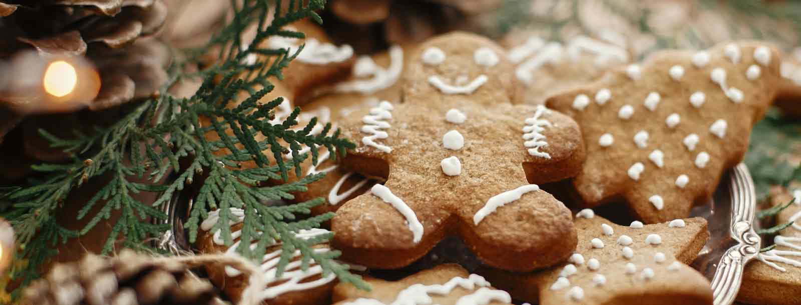 Gingerbread cookies on a plate with pine garnish and pine cone